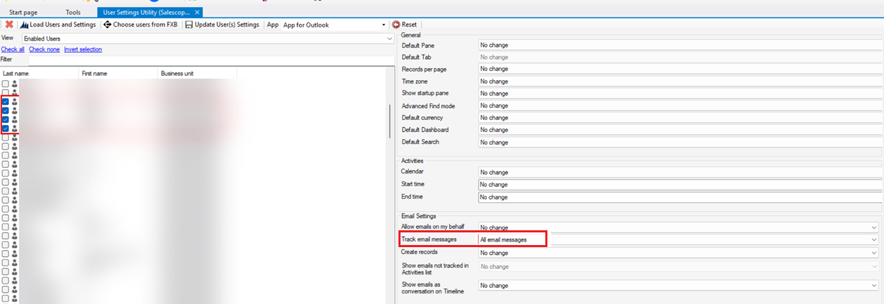 Tangkapan layar Utilitas Pengaturan Pengguna di XRMToolBox dengan opsi Lacak pesan email diatur ke Semua pesan email.