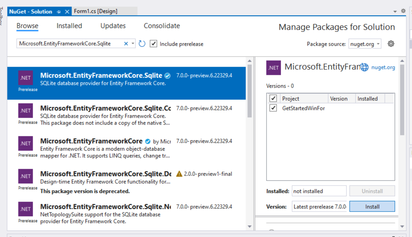 Menginstal paket Microsoft.EntityFrameworkCore.Sqlite