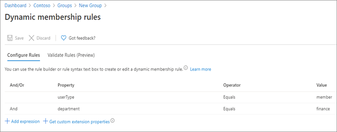 Screenshot of options and entries under Dynamic membership rules.