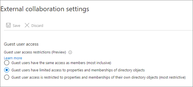 Screenshot of guest user access options on External collaboration settings.