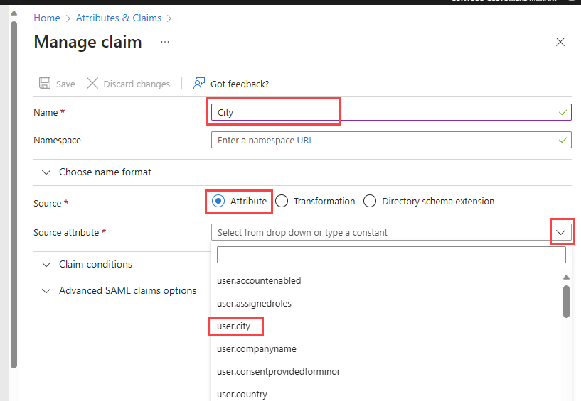 Cuplikan layar daftar drop-down atribut bawaan.