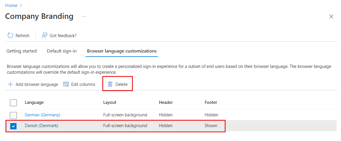 Cuplikan layar tab kustomisasi bahasa browser dan tombol hapus.