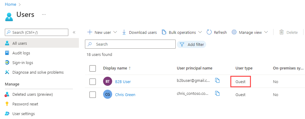 Cuplikan layar yang menampilkan daftar pengguna termasuk Pengguna tamu baru.