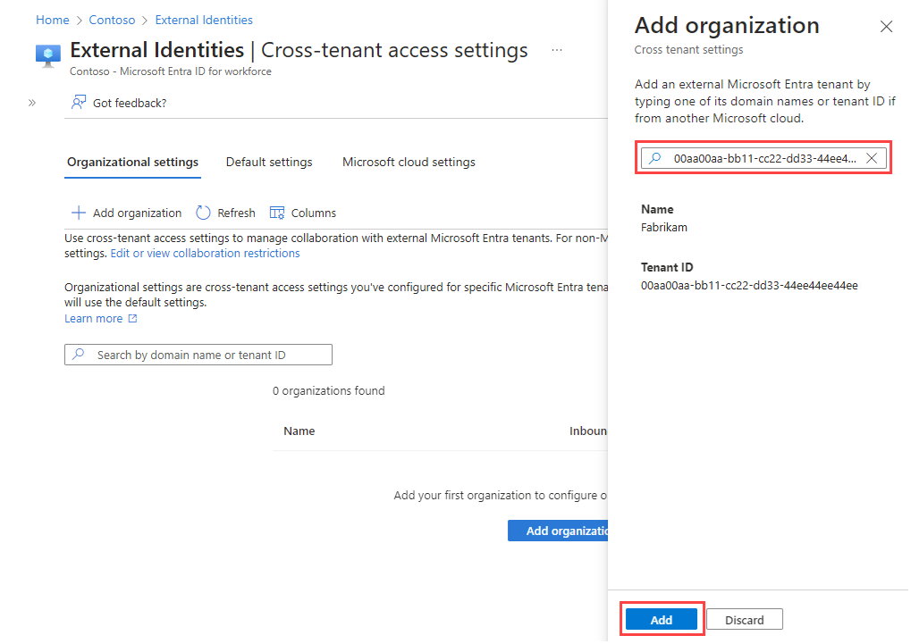 Tambahkan panel organisasi dengan ID penyewa lintas cloud yang dimasukkan.