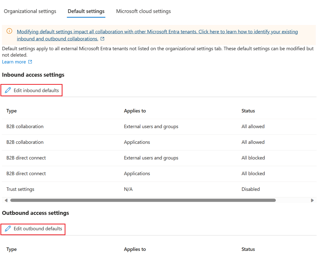 Cuplikan layar yang menunjukkan tombol edit untuk pengaturan Default.