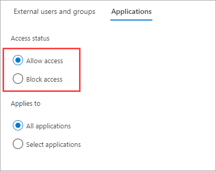 Cuplikan layar yang menunjukkan status akses aplikasi masuk untuk koneksi langsung b2b