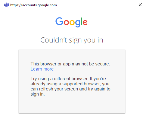 Kesalahan masuk Google jika aplikasi tidak dimigrasikan ke browser sistem