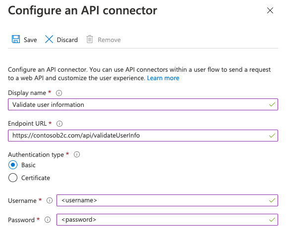 Cuplikan layar konfigurasi autentikasi dasar untuk konektor API.