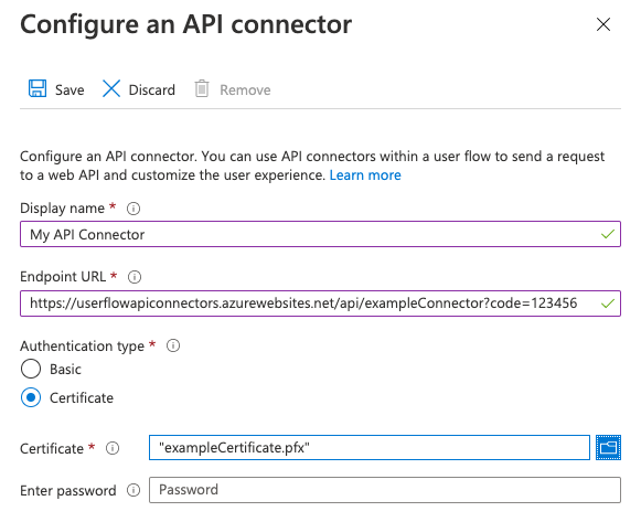 Cuplikan layar konfigurasi autentikasi sertifikat untuk konektor API.