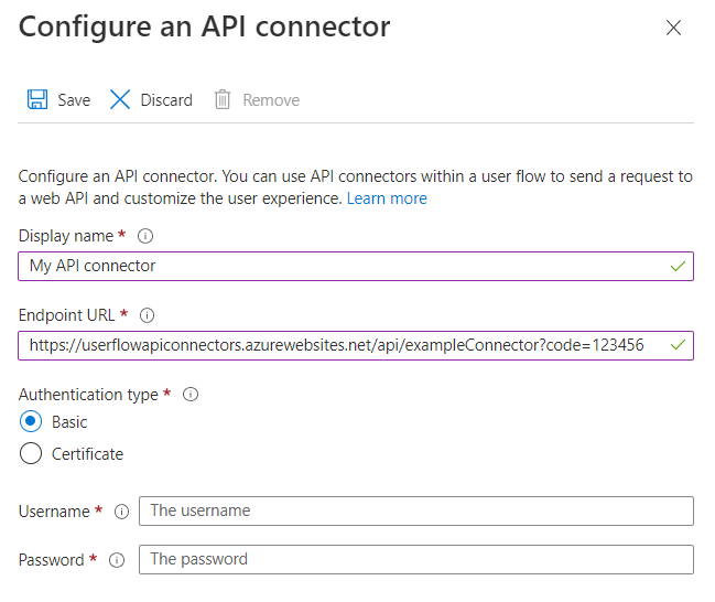 Cuplikan layar mengonfigurasi konektor API.