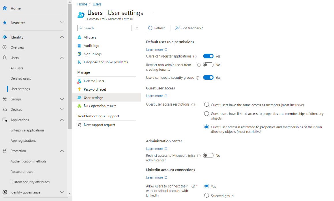 Cuplikan layar yang menampilkan opsi Pengguna eksternal di pengaturan pengguna.