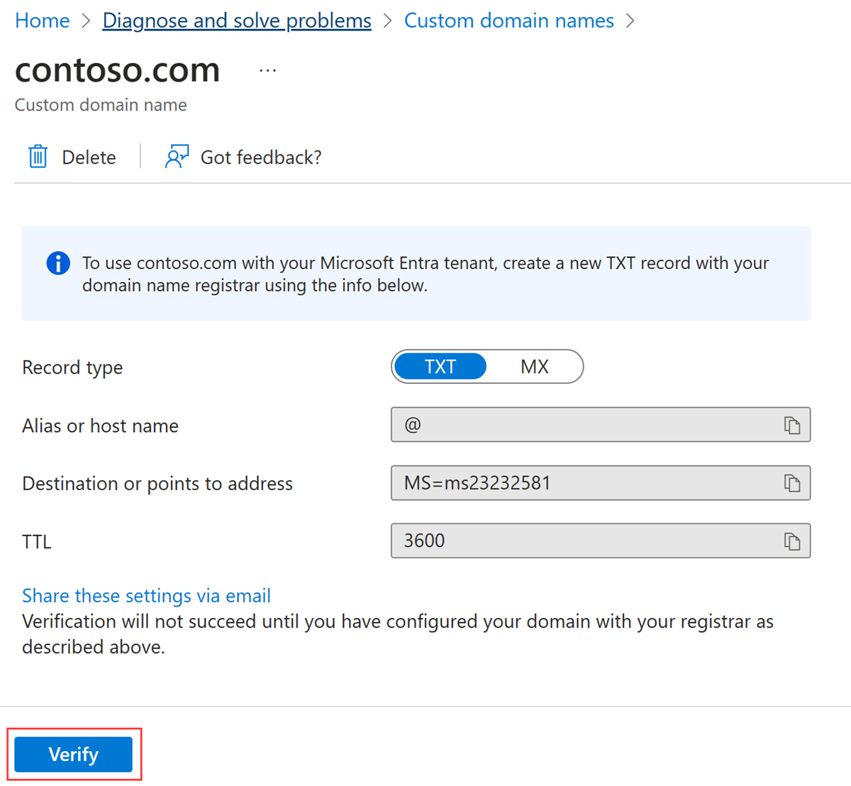 Cuplikan layar halaman Contoso dengan informasi entri DNS dan tombol Verifikasi.