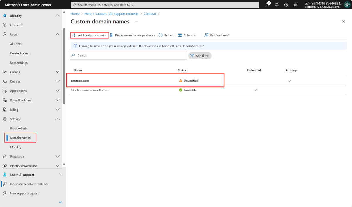 Cuplikan layar halaman Fabrikam - Nama domain kustom, dengan Contoso disorot.