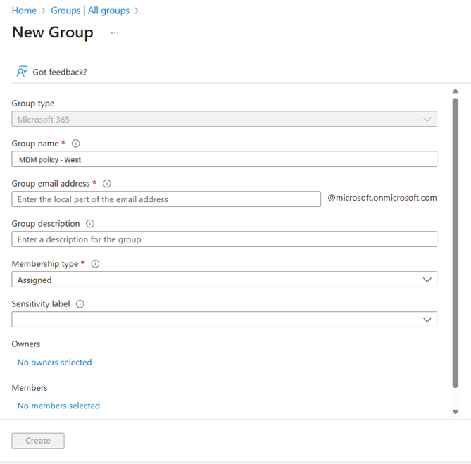 Cuplikan layar halaman Grup baru di pusat admin.
