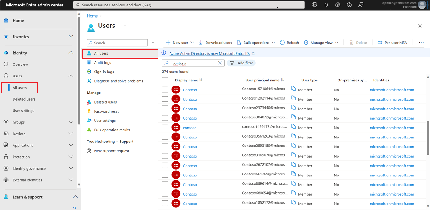Cuplikan layar halaman Semua pengguna di ID Microsoft Entra.