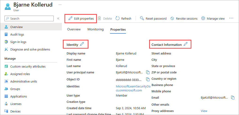 Cuplikan layar tab Properti, dengan opsi edit disorot.