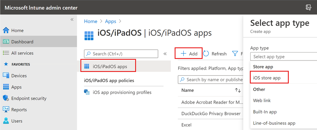 Screenshot dari pusat admin Microsoft Intune dengan langkah-langkah untuk menambahkan aplikasi toko iOS yang disorot.
