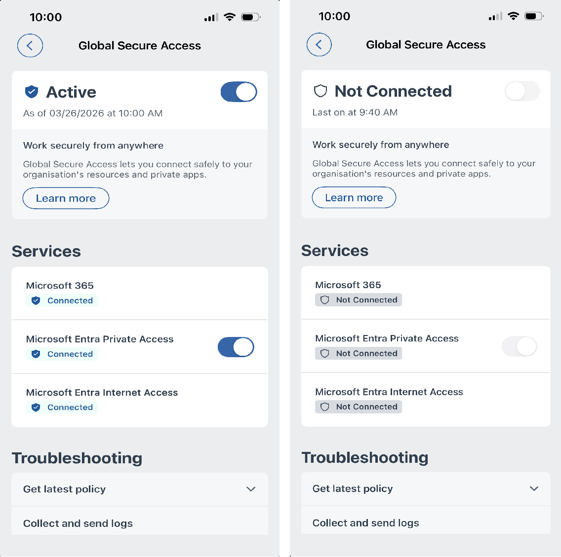 Cuplikan layar klien Akses Aman Global di iOS yang memperlihatkan layar status Aktif dan Tidak Tersambung.