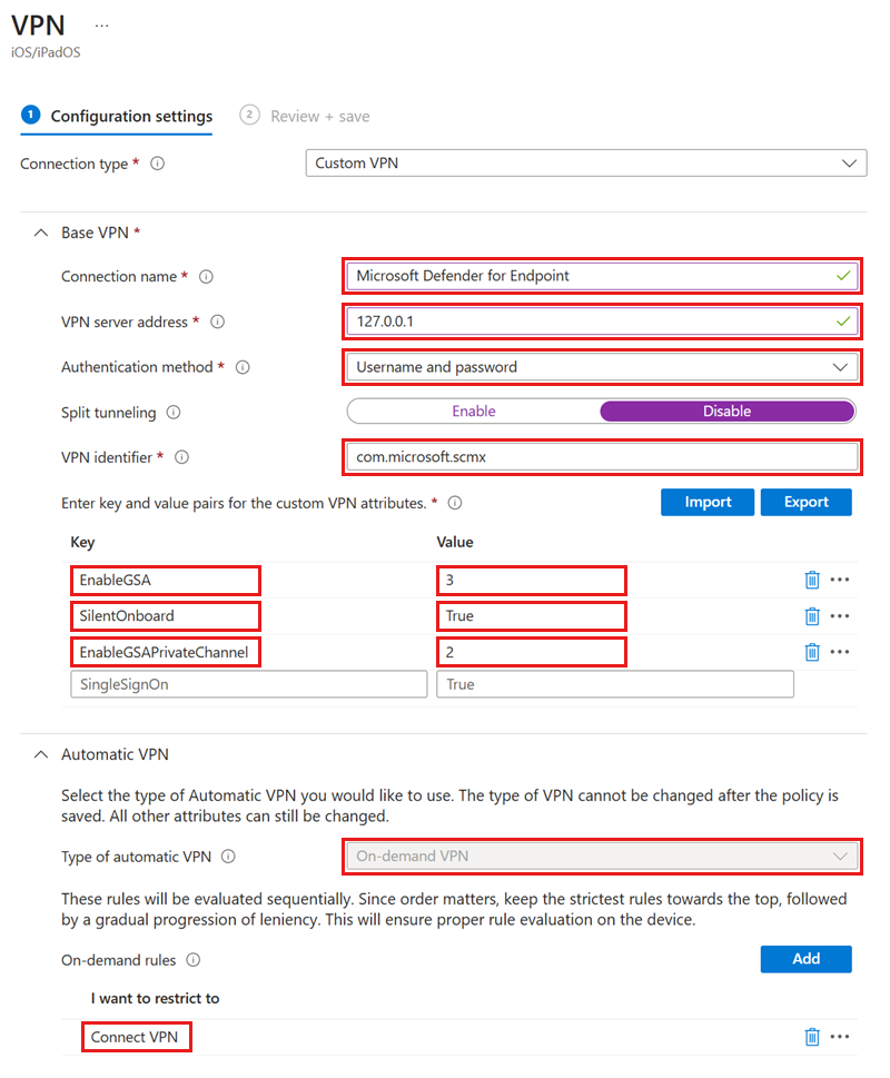 Cuplikan layar contoh parameter penyiapan dalam pengaturan konfigurasi VPN.