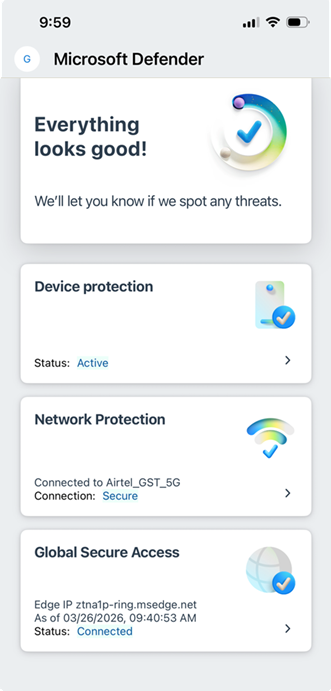 Tangkapan layar dari dasbor Microsoft Defender untuk iOS.