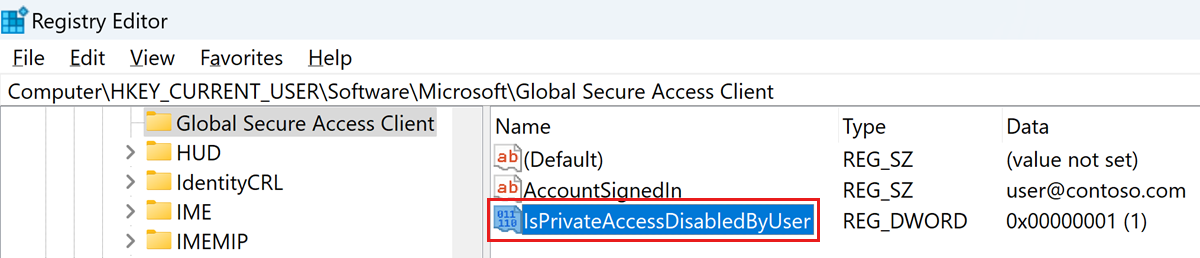 Cuplikan layar Editor Registri dengan kunci registri IsPrivateAccessDisabledByUser disorot.