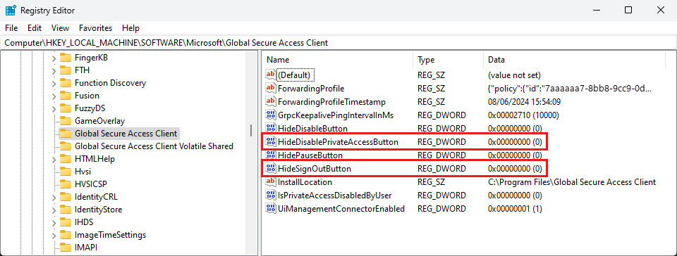 Cuplikan layar Editor Registri dengan tombol registri HideSignOutButton dan HideDisablePrivateAccessButton disorot.