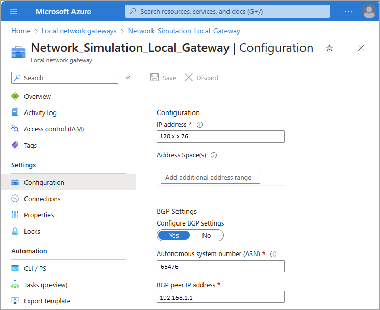 Cuplikan layar portal Azure memperlihatkan pengaturan konfigurasi untuk gateway jaringan lokal.