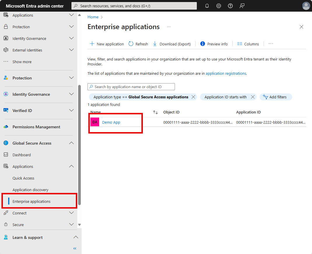Cuplikan layar yang memperlihatkan detail aplikasi Enterprise.
