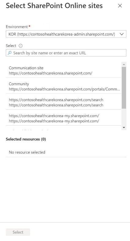 Cuplikan layar yang memperlihatkan panel Pilih situs Online SharePoint.