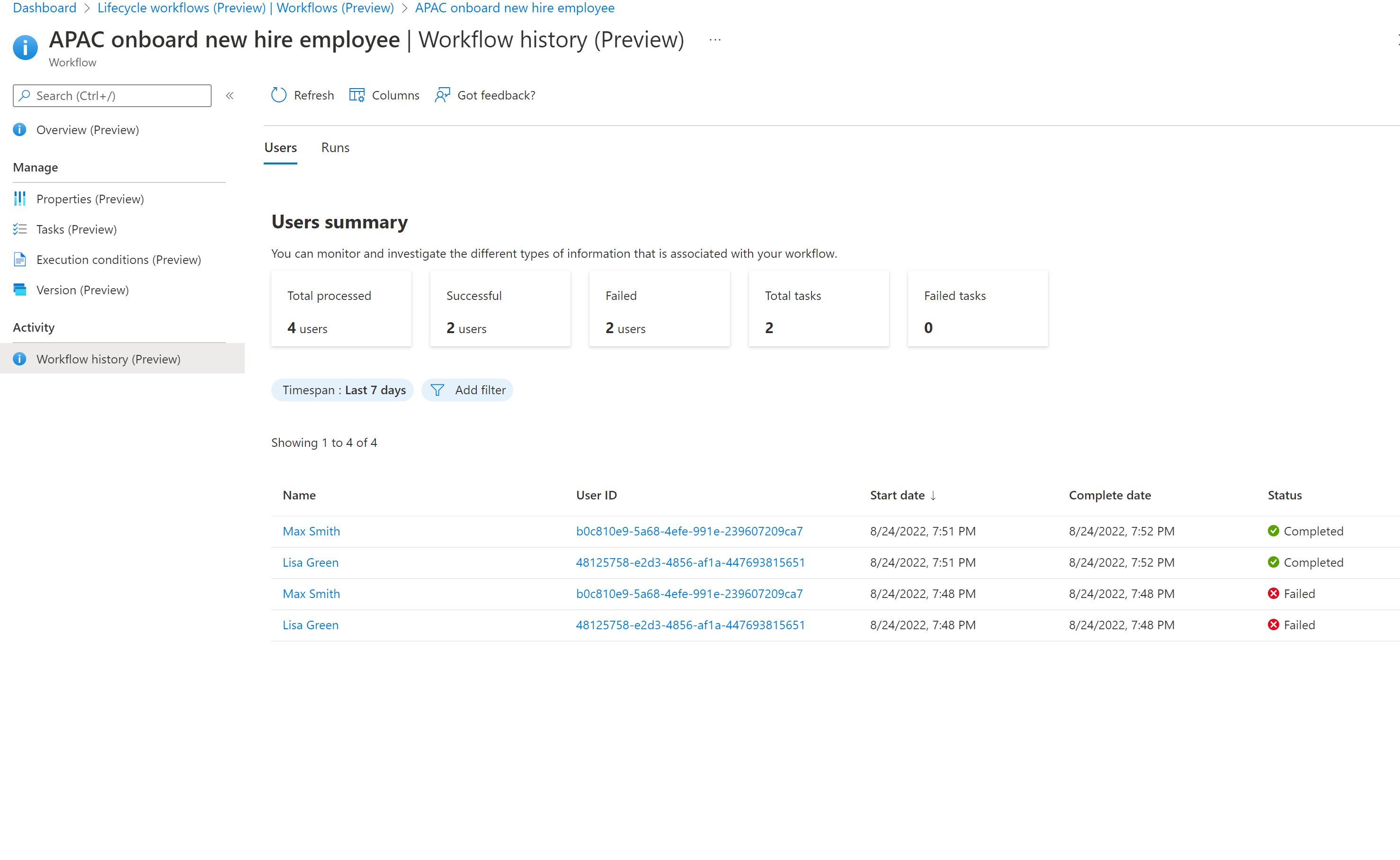 Cuplikan layar ringkasan pengguna alur kerja.