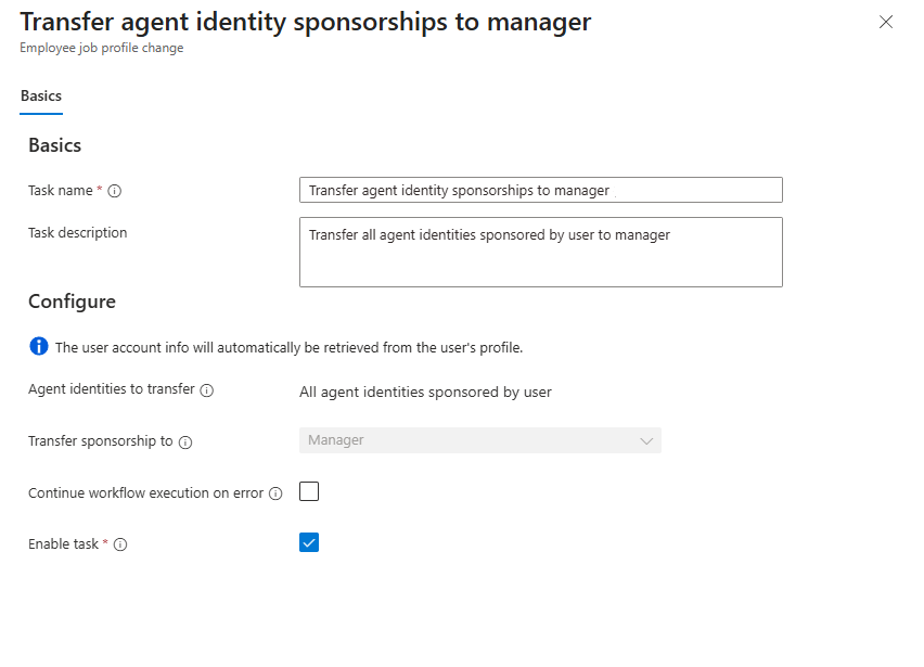 Screenshot tugas Alur Kerja: mentransfer sponsor identitas agen ke manajer.