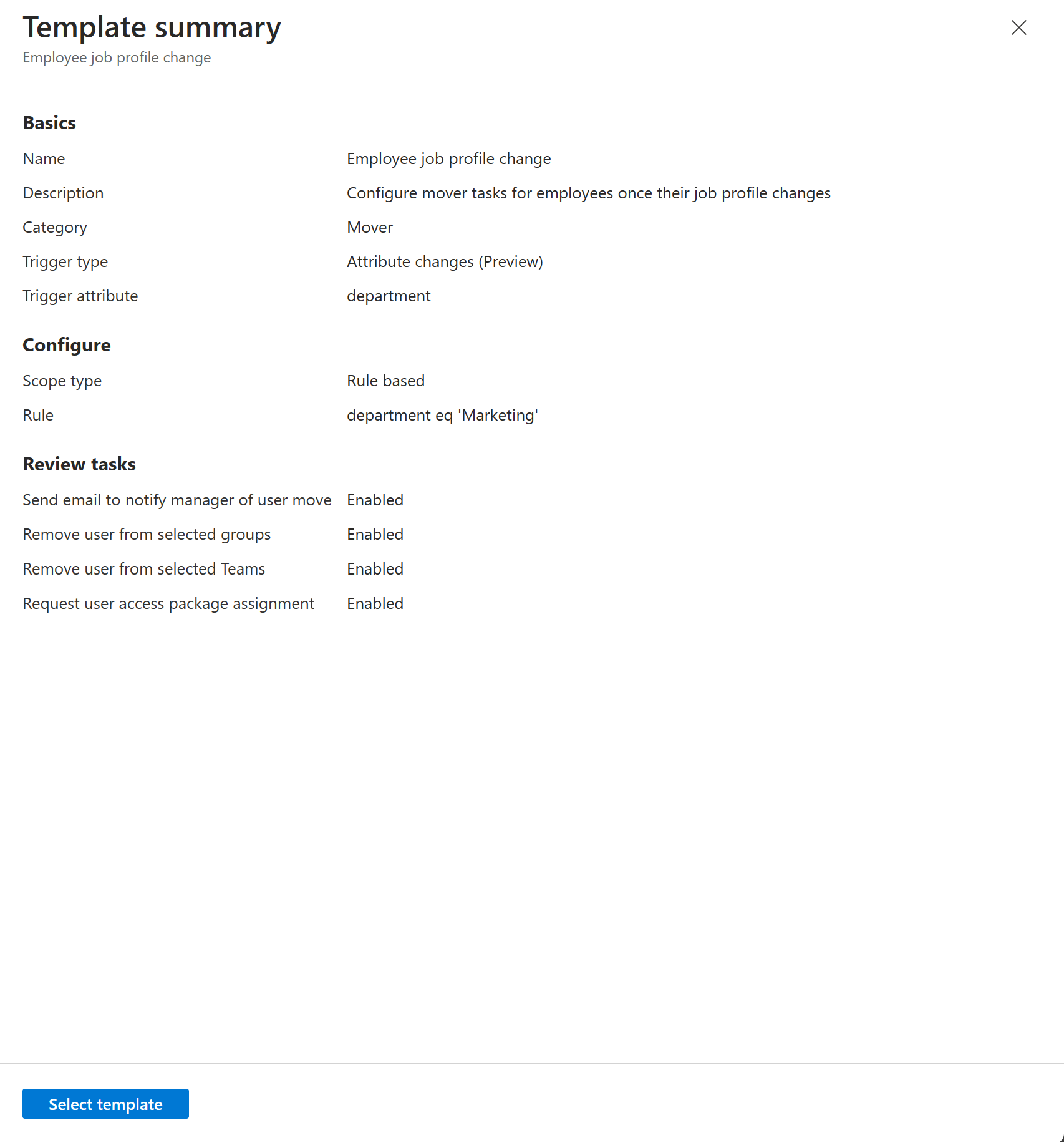 Cuplikan layar templat perubahan profil pekerjaan Karyawan.