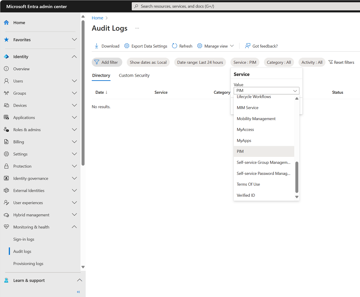 Cuplikan layar memperlihatkan pemfilteran log audit untuk layanan PIM.