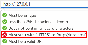 Dialog kesalahan di portal Microsoft Azure yang memperlihatkan URI pengalihan loopback berbasis http yang tidak diizinkan