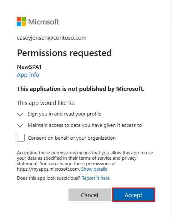 Cuplikan layar yang meminta pengguna untuk mengizinkan aplikasi mengakses izin.