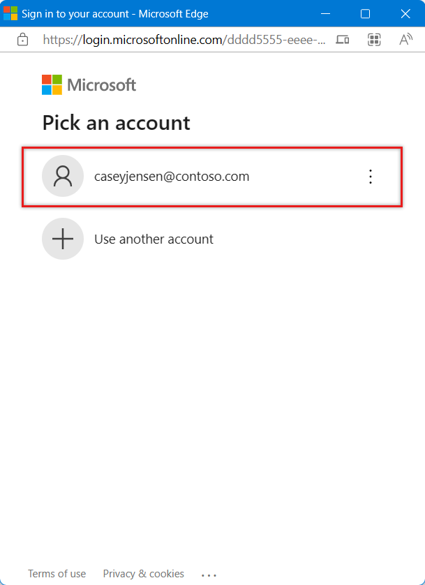 Cuplikan layar yang meminta pengguna untuk memilih akun Microsoft untuk masuk.