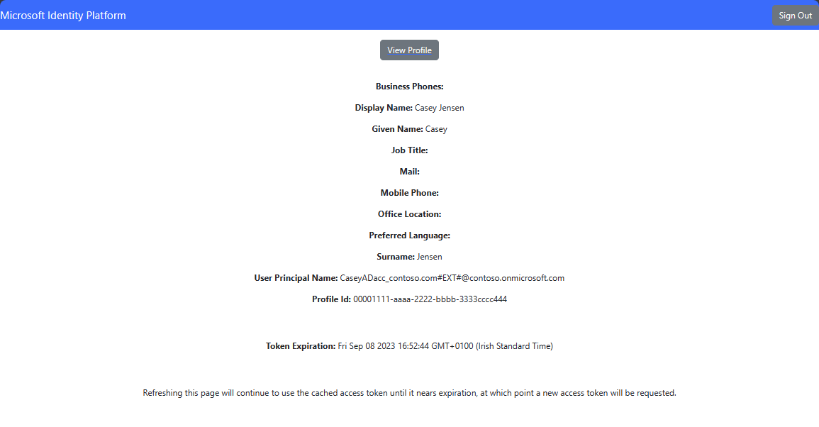 Cuplikan layar Aplikasi JavaScript yang menggambarkan hasil panggilan API.