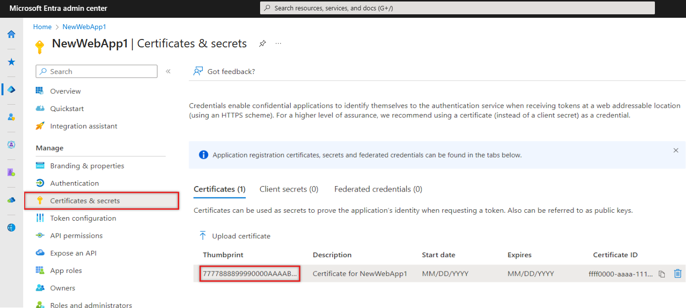 Cuplikan layar memperlihatkan penyalinan thumbprint sertifikat.