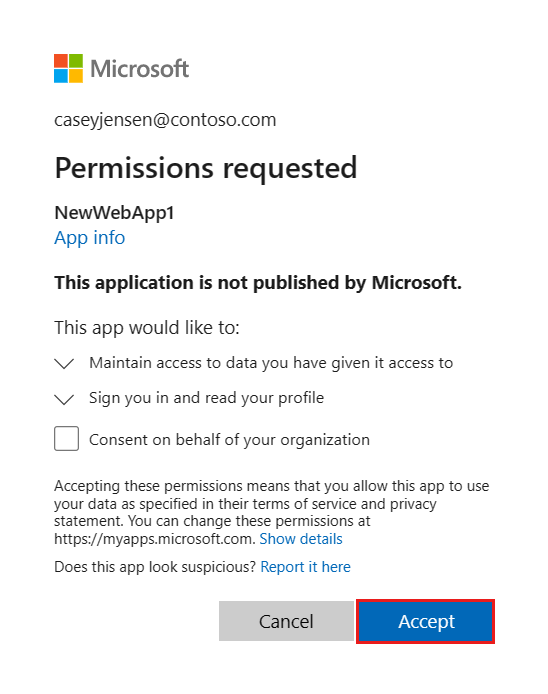 Cuplikan layar yang menggambarkan permintaan izin.