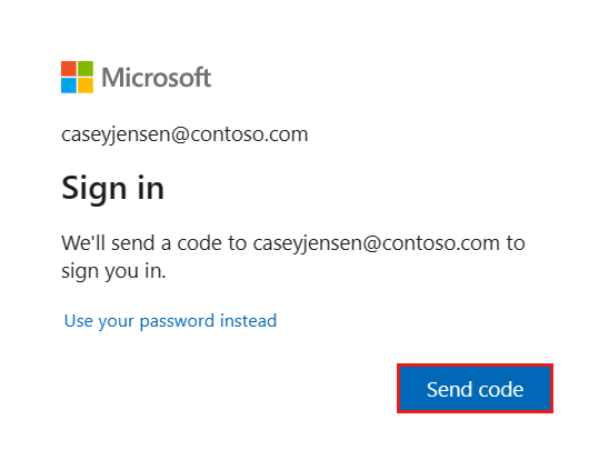 Cuplikan layar yang menggambarkan layar untuk mengirim kode ke email pengguna.