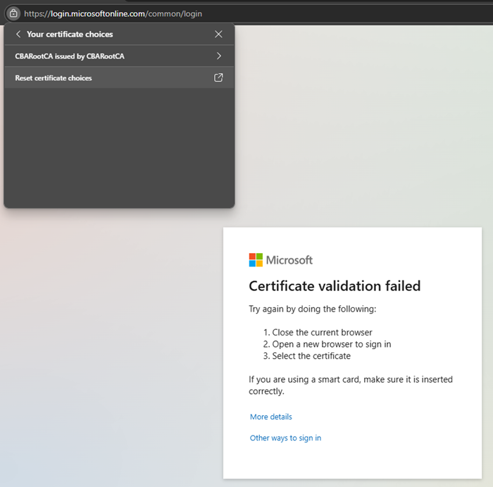 Screenshot yang memperlihatkan reset pilihan sertifikat pada browser Microsoft Edge.