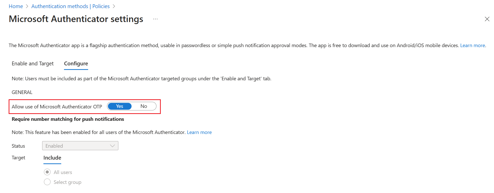 Cuplikan layar Microsoft Authenticator OTP.