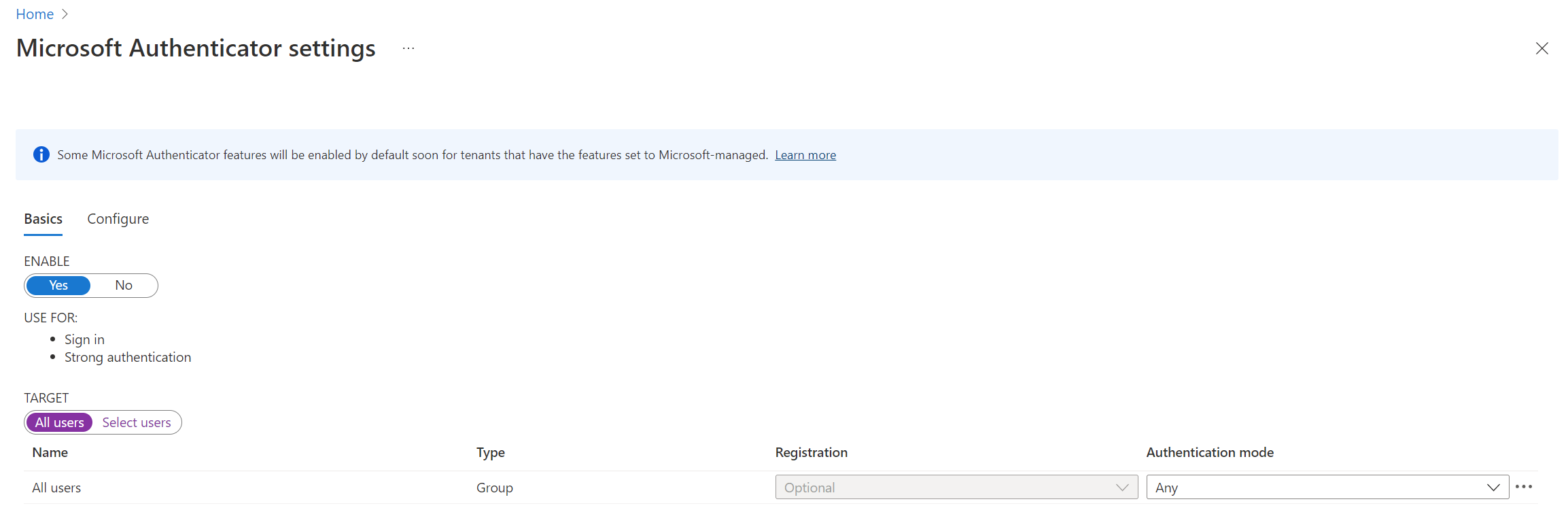 Cuplikan layar yang memperlihatkan cara mengaktifkan pengaturan Authenticator untuk mode autentikasi apa pun.