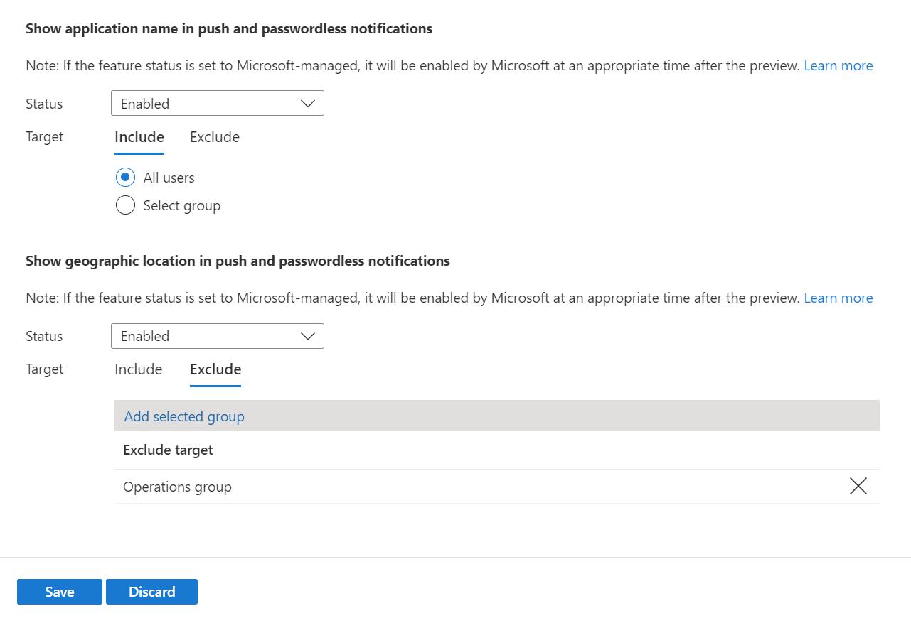 Cuplikan layar yang memperlihatkan cara mengaktifkan nama aplikasi dan lokasi geografis secara terpisah.