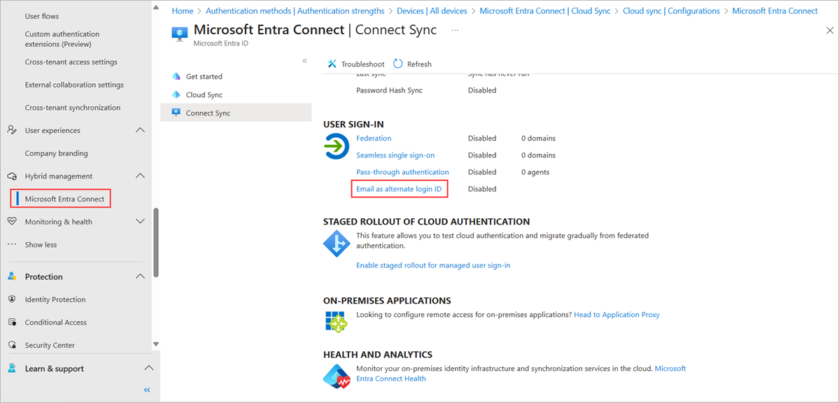 Cuplikan layar email sebagai opsi ID masuk alternatif di pusat admin Microsoft Entra.