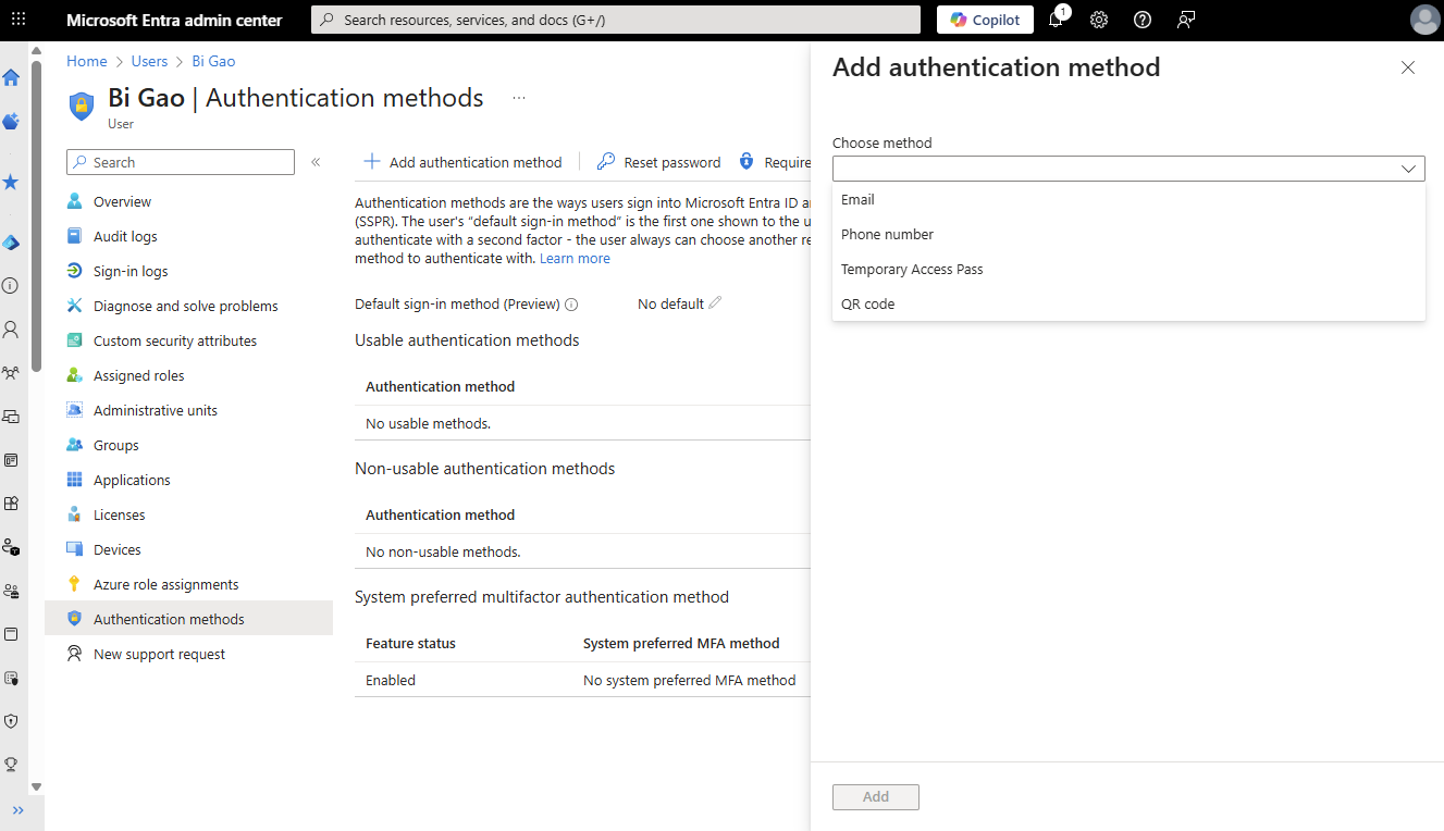 Screenshot tentang cara menambahkan metode autentikasi dari Microsoft Entra admin center.
