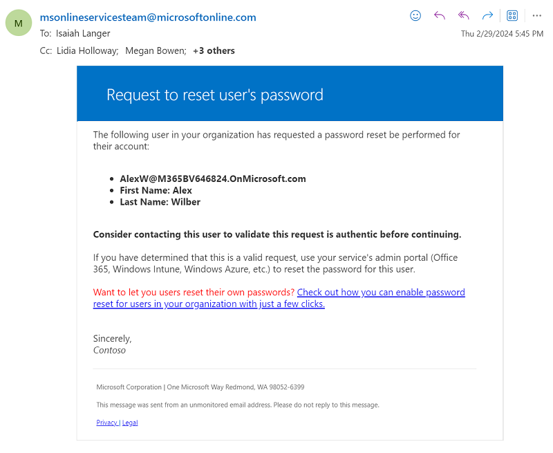 Sampel permintaan untuk mereset email yang dikirim ke administrator