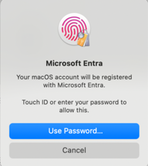 Cuplikan layar permintaan pendaftaran Microsoft Entra yang muncul di macOS 14 setelah pemberitahuan pendaftaran yang diperlukan dipilih.