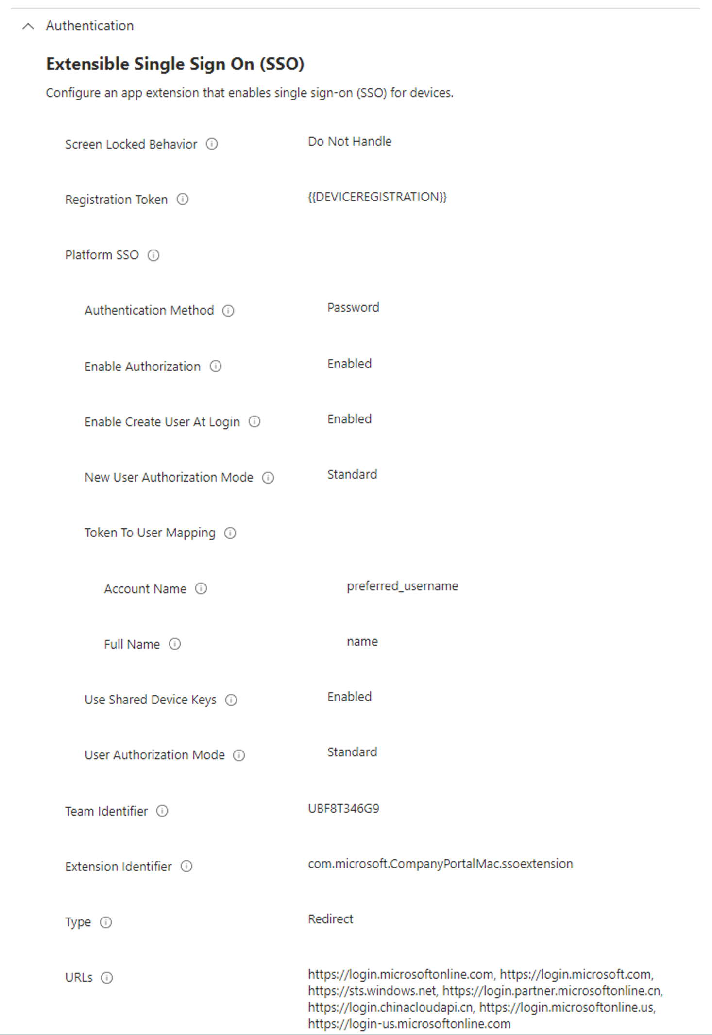 Cuplikan layar profil MDM SSO Platform di Intune.