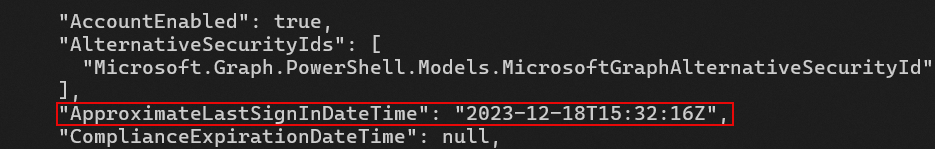 Cuplikan layar memperlihatkan output baris perintah. Satu baris disorot dan mencantumkan stempel waktu untuk nilai ApproximateLastSignInDateTime.